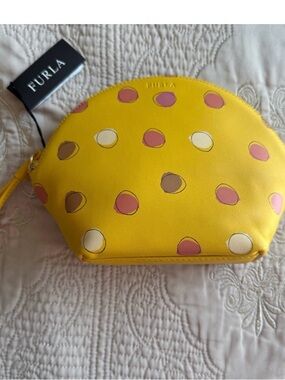 Furla Yellow Leather Dome Cosmetic Pouch w/ colored Polka Dot Accents NWT